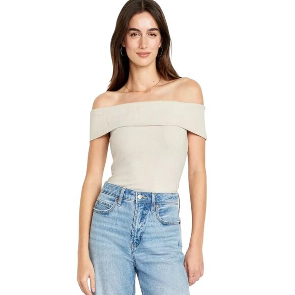 Old Navy Top Plus Size 2X Ribbed Off The Shoulder Beige Cotton Blend Neutral - Picture 1 of 7